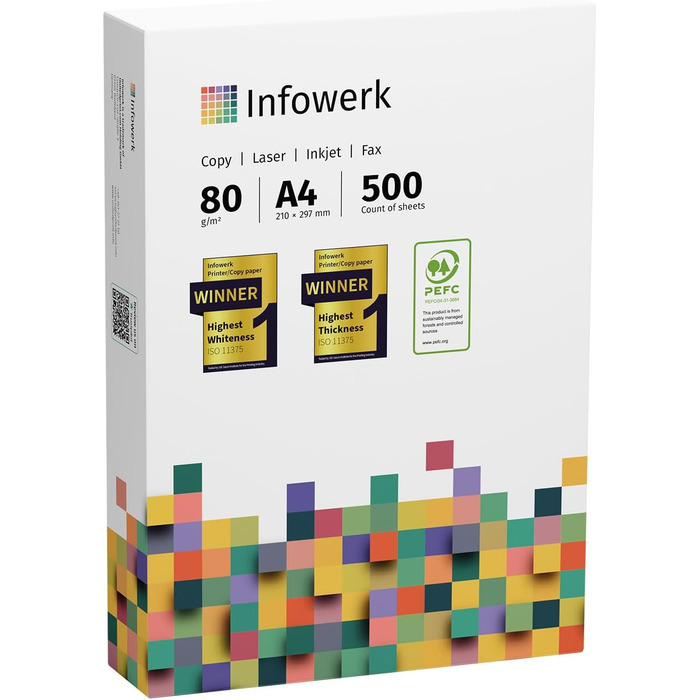 Папір для принтера та копіювальний папір Infowerk 10000 аркушів (20x500) А4 80 г преміум високий білий Переможець тестування PEFC