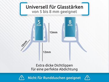Змінний ущільнювач душу Sealis - Прокладка для 5 мм / 6 мм / 7 мм / 8 мм Скляні двері Душова штора Ванна Душова кабіна Дефлектор води Ущільнювальна стрічка для захисту від бризок (пучок) (100 см у комплекті, прозора)