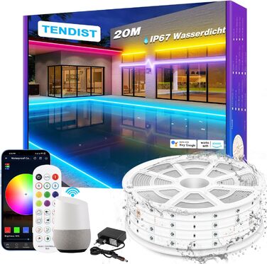 Світлодіодна стрічка TENDIST 20M WiFi RGB водонепроникна, світлодіодна стрічка IP67 зовнішня, зовнішня світлодіодна стрічка 24 В Синхронізація музики Сумісна з Alexa, світлодіодна стрічка зовнішня для альтанки, перголи, зовнішнє освітлення 20M-IP67 Rgb