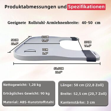 Лоток для інвалідного візка універсальний, лоток для столу для інвалідного візка знімний, лоток для аксесуарів для інвалідного візка, підходить для інвалідного візка з відстанню від підлокітника Від 40 до 50 см По обидва боки сидіння