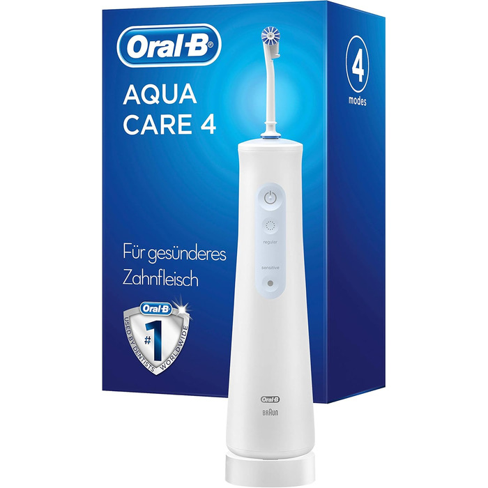 Іригатор для порожнини рота Oral-B AquaCare 4, очищувач міжзубних проміжків з 4 режимами чищення для дбайливого догляду за зубами та здоров'ям ясен, подарунок чоловіку/жінці, дизайн від Braun, білий/синій