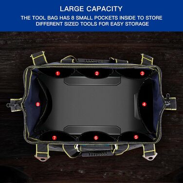 Сумка для інструментів AIRAJ 16 зі світловідбиваючою смугою, 42 * 23 * 29 см Надміцні сумки для інструментівШирокий відкритий ротБагато кишеньРегульований плечовий реміньСумка-органайзер для інструментів для електриків, DIY