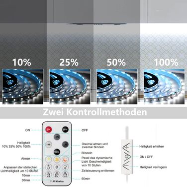 Світлодіодна стрічка біла 3 м, Світлодіодна стрічка під шафою Кухонний комплект світлодіодного освітлення з радіочастотним пультом дистанційного керування для вітрини, кухні, столу, полиці, шафи, з адаптером 12 В ЄС, 6500K білий 3 метри