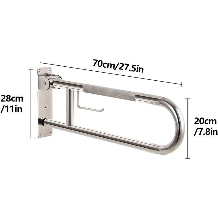 Поручень з нержавіючої сталі для туалету, поручень, відкидний поручень для ванної кімнати для людей з обмеженими можливостями з тримачем для паперу, поручень для людей похилого віку, поручень з нержавіючої сталі (70 см/27,5 дюймів)