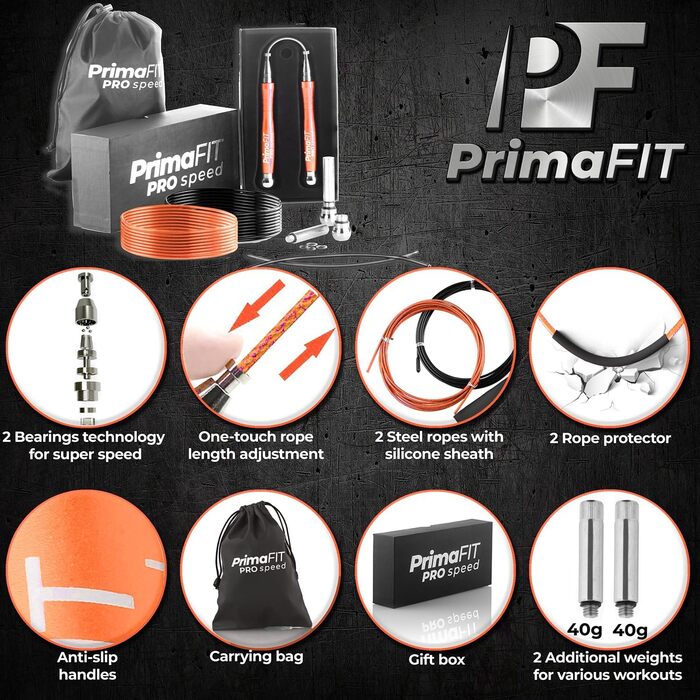 Скакалка PrimaFIT для дорослих Fitness Pro Швидкісна скакалка 3 м регульована з обтяженнями, 2 кульковими підшипниками та протиковзкими ручками, професійні стрибки для боксу, ММА, кросфіту, додаткова сталева мотузка, сумка (помаранчева)