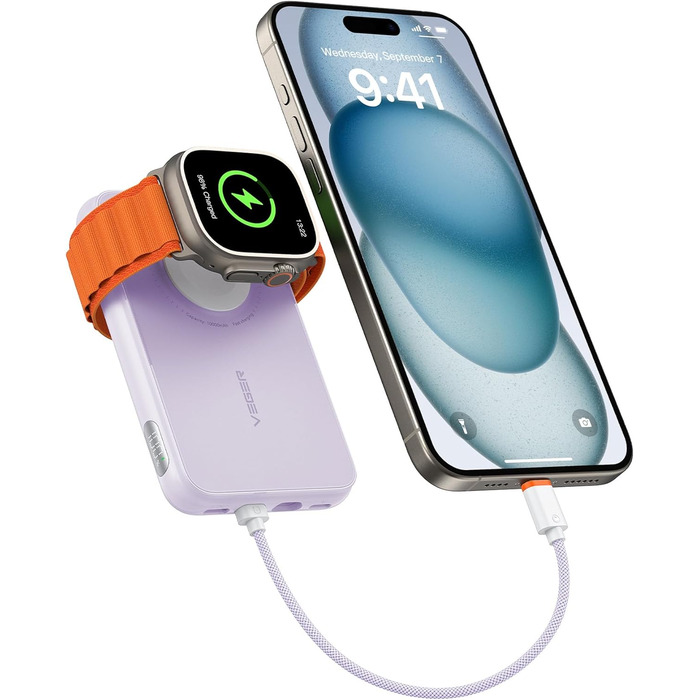 Акумулятор на 10000mAh з вбудованим кабелем Apple, зарядка для Apple Watch, 2 USB-C, зовнішній акумулятор, світлодіодний дисплей