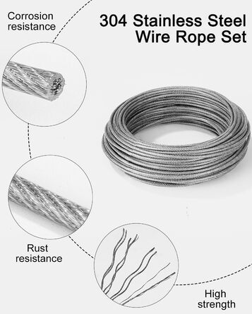Комплект сталевої мотузки Jissta 3 мм 30 м, 304 Направляюча шпалери з нержавіючої сталі з нержавіючої сталі, сталевий трос з вушками, Набір для натягу дротяної мотузки, для шторної мотузки, В'юнкі рослини, Струнна легка підвіска, Мотузка для білизни