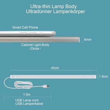 Світлодіодне освітлення кухонної шафи STBTECH з регулюванням яскравості за допомогою безконтактного датчика, світлова стрічка 43 см у холодному білому кольорі 6000K, ультратонка світлодіодна стрічка з USB-портом для стільниці, шафи, стільниці, кухні
