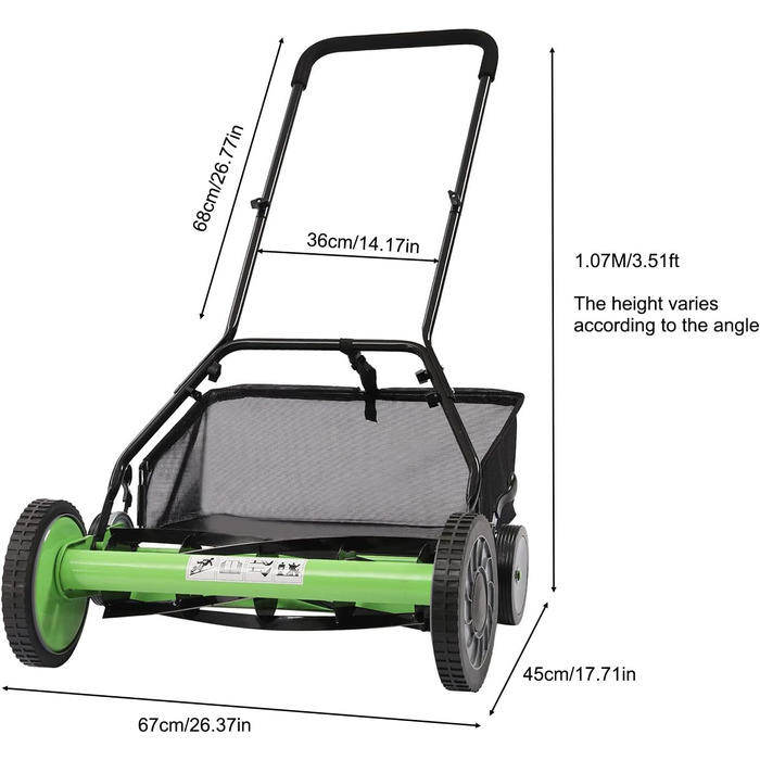 Ручна газонокосарка, Ручна газонокосарка для газонів площею до 500 м, ширина зрізу 50 см, Знімна газонокосарка з мішком для збору сміття, Висота зрізу регулюється 3,4-6,4 см
