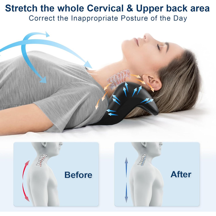 З точкою масажу верхньої частини спини, тракційним пристроєм для шийних хребців Розгинач шиї для полегшення болю в СНЩС і вирівнювання шийного відділу хребта, подушка для мануальної терапії (чорна)