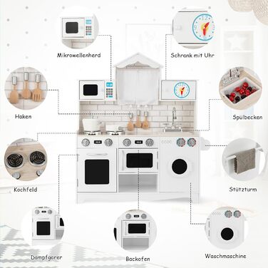 Дитяча кухня COSTWAY з ігровими аксесуарами, дитяча дерев'яна ігрова кухня з пральною машиною та мікрохвильовою піччю, для дітей від 3 років, біла, 78 x 29 x 93 см