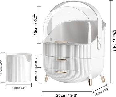 Зимовий органайзер для макіяжу Shore White з місцем для зберігання пензлика - пластиковий органайзер для макіяжу з 3 рівнями, поворотною ручкою та прозорою кришкою - водонепроникне та пилонепроникне зберігання косметики