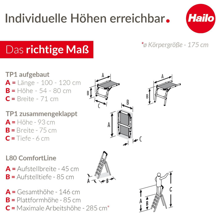 Драбина Hailo L80 ComfortLine в комплекті зі сходовою платформою TP1 - складна алюмінієва драбина з 4 запобіжними сходинками розміру XXL - робоча платформа зі стійкою алюмінієвою рамою - з навантаженням до 150 кг 4 сходинки з сходовою платформою