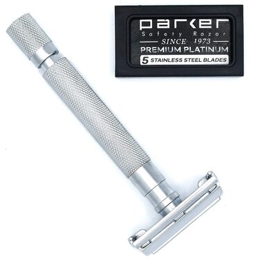 Безпечна бритва Parker, Parker 74R Satin Chrome - довга ручка, важкий метелик, відкритий подвійний край, безпечна бритва для чоловіків хромована напівглянцева