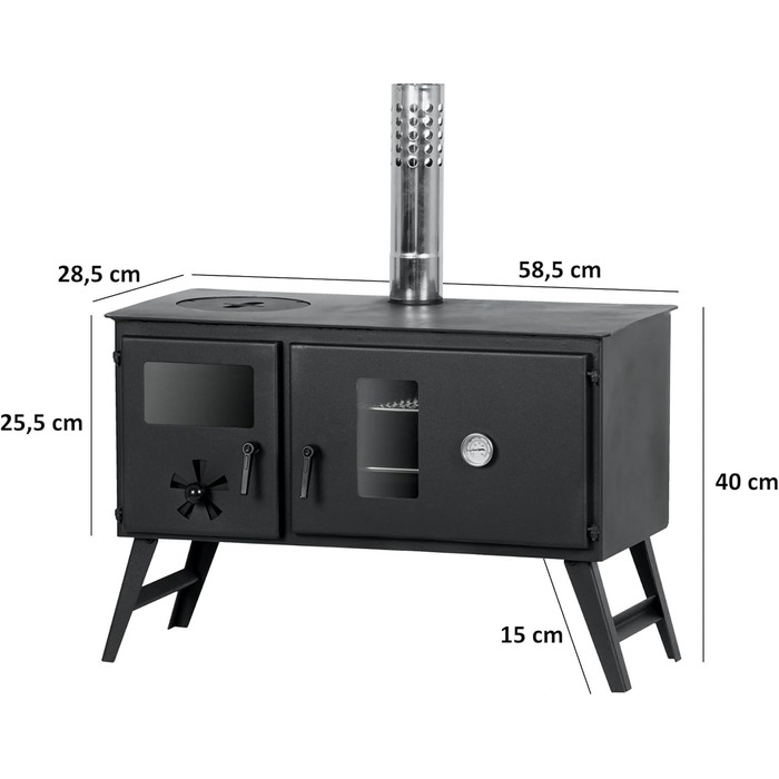 Піч для намету CampFeuer 28.5 x 58.5 x 260 см чорна з 2 камерами, топкою піч на дровах, хлібопічка, піч на дровах для кемпінгу, на відкритому повітрі, наметова опалення намету, піч для намету, піч для намету на відкритому повітрі