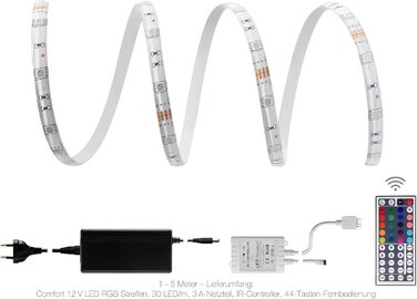 Метровий комфортний набір світлодіодних стрічок RGB з блоком живлення, контролером та 44-клавішним інфрачервоним пультом дистанційного керування, 30 світлодіодів/м, IP65, 12 В, 5050 SMD, 7,2 Вт/м, для вітальні, спальні, балкона, тераси, 3-