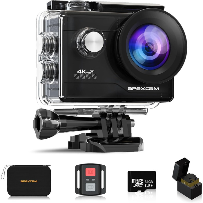 З картою 64G Action Cam 4K30FPS 20MP WiFi Спортивна камера Підводна камера 40 м Водонепроникна 170 Широкий кут 2.4G Пульт дистанційного керування 2x1050mAh батареї з комплектом аксесуарів, 80Air