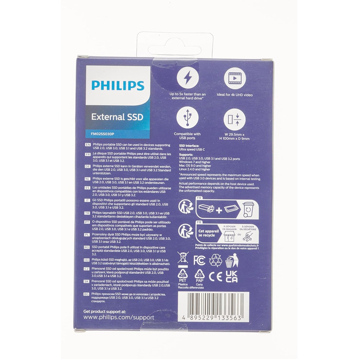 Зовнішній портативний SSD-накопичувач Philips на 2 ТБ - ультратонкий SATA Ultra Speed USB-C, швидкість читання до 550 МБ/с, алюміній