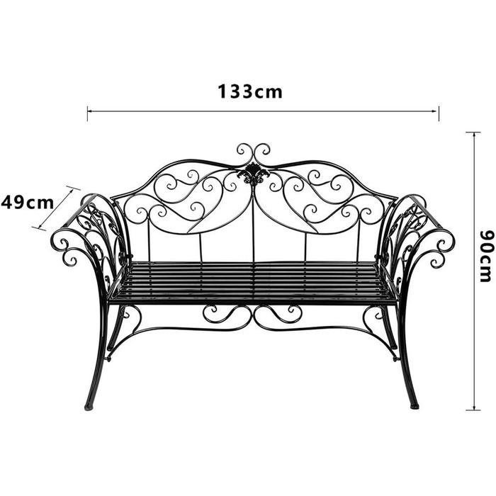 Лавка садова металева 2-х місна, паркова лавка зі спинкою та підлокітником, металева лавка 134*50*89см, лавки для саду, парку, балкона