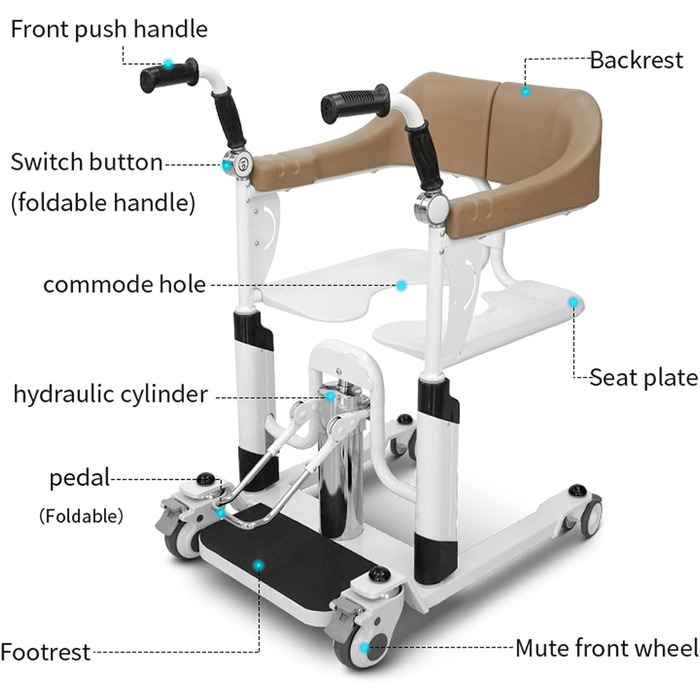 Багатофункціональне крісло для пацієнта легке та регульоване по висоті крісло для перенесення з гідравлічним підйомником для людей похилого віку та інвалідів витримує до 125 кг відкривається на 180 та