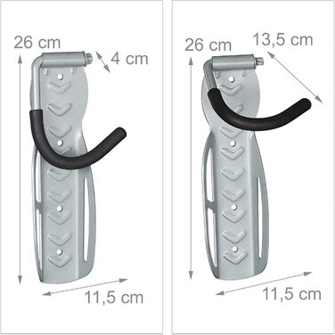 Набір з 4-х настінних кріплень для велосипедів, ВхШхГ 26 x 11,5 x 13,5 см, вантажопідйомність до 25 кг, складні, настінне кріплення для велосипедів, сірий