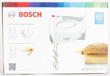 Ручний міксер Bosch MFQ3530, ручний міксер, 2 вінчики, 2 гачки для тіста з нержавіючої сталі, можна мити в посудомийній машині, 5 рівнів, 450 Вт, білий/сірий 7,7 см Д x 20,1 см Ш x 14,1 см в Білий/сірий