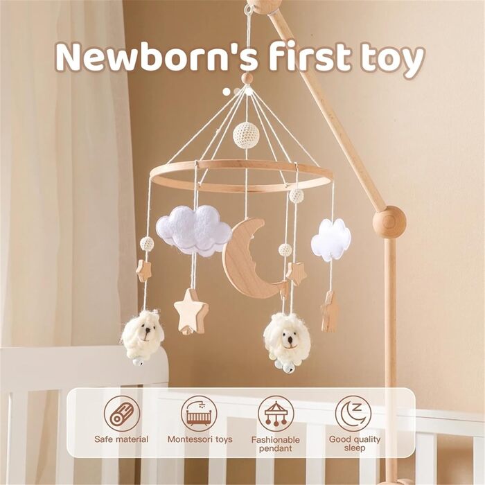 Тварини Мобільні дитячі дзвіночки Wind Chimes, Зоряний місяць Lamb Mobile Baby Wood з фетровими кульками, Мобільний кулон з дзвіночком для дитячої дівчинки для дитячого ліжечка хлопчиків і дівчаток (білий)