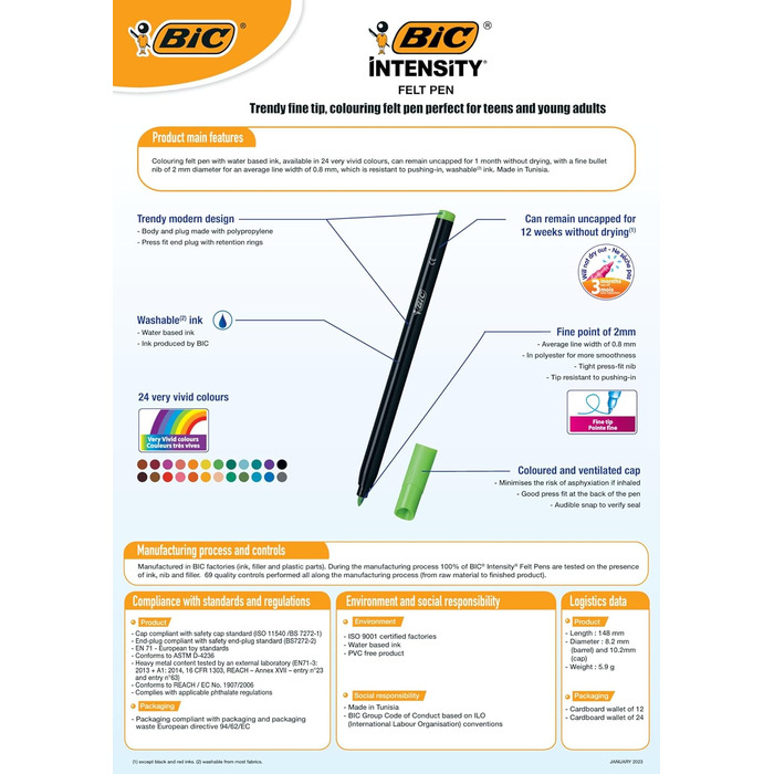 Фломастери BIC Intensity, для малювання для дорослих і дітей, в 24 кольорах, що миються, з міцним наконечником, в картонному кейсі (2 шт. и в упаковці) 24 шт. и (2 шт. в упаковці) 24 фломастери одинарні