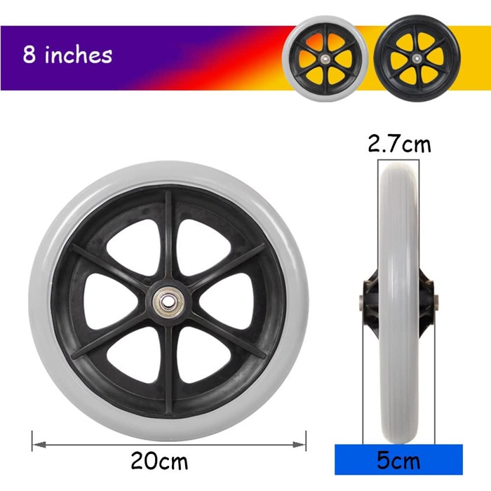 Дюймові / 7-дюймові / 8-дюймові змінні колеса для ходунків, змінні передні колеса для ролерів, підходять для інвалідних транспортних засобів, ролерів, ходунків, нековзні / зносостійкі, 6-