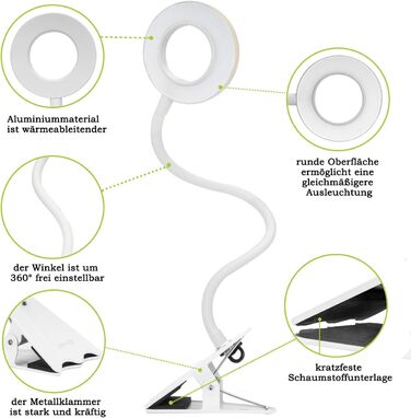 Письмовий стіл CeSunlight 10W Clamp Lamp, світлодіодна лампа для читання як приліжкова лампа, тепле світло, денне та біле світло 3 кольори, 10 режимів освітлення з регулюванням яскравості (адаптер у комплекті)