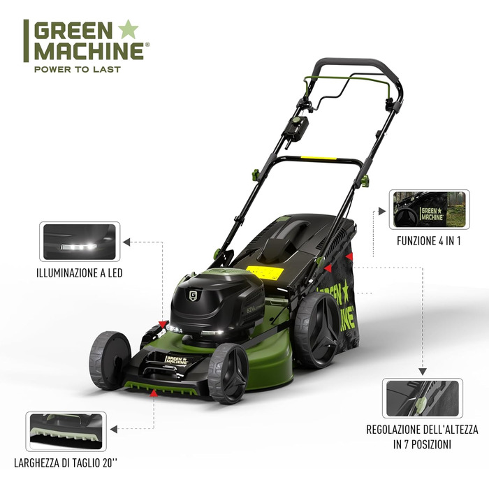 Газонокосарка GREEN MACHINE з акумулятором 62 В, самохідна сталева газонокосарка, 51 см зі світлодіодом, тільки інструмент, складна конструкція без щіток 60 л, акумулятор і зарядний пристрій не входять до комплекту 51см