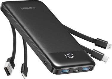 Зовнішній акумулятор USB C Powerbank з 4 вбудованими зарядними кабелями Портативний зарядний пристрій зі світлодіодним дисплеєм Компактний Тонкий 6 виходів Сумісний з планшетом iPhone, Huawei, Samsung Чорний, 10000mAh