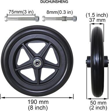 И коліщатка для інвалідного візка, діаметр 150/170/190 мм, інвалідне крісло для людей похилого віку, суцільні гумові колеса, заміна аксесуарів для інвалідних візків, отвір 8 мм, протиковзкі, максимальне навантаження 120 кг 190 мм (8 дюймів), чорні, 2 шт.