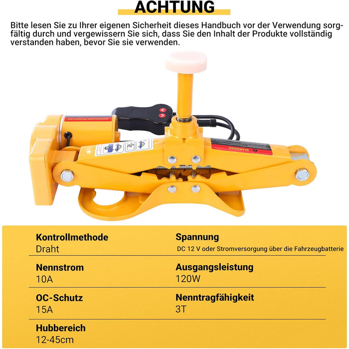 Електричний ножичний домкрат CarBole 3T, автомобільний домкрат 12 В з дистанційним керуванням, ножичний підйомник для заміни шин для позашляховика легкового автомобіля mpv, 12-45 см жовтий