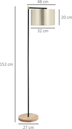 Торшер HOMCOM Торшер для вітальні 40 Вт Сучасний торшер з цоколем E27 Тканинний абажур для спальні Офіс Елегантний золотий чорний 48 x 32 x 152 см