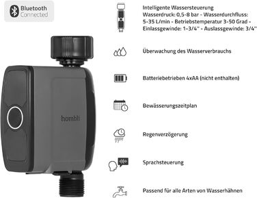 Розумний контролер поливу Hombli з Bluetooth Автоматичний та акумуляторний графік поливу для саду Моніторинг споживання води Голосове керування Підходить для поширених типів кранів