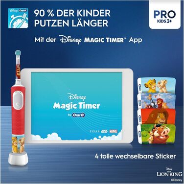 Електрична зубна щітка Oral-B Pro Kids Lion King для дітей від 3 років, включаючи режим Sensitive для догляду за зубами, надмяку щетину, 1 насадку для щітки, 4 наклейки