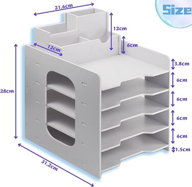 Дерев'яний лоток для листів для офісу, лоток для документів з тримачем для ручки, 5-рівневий настільний органайзер дерево, лоток для паперу білий, відсіки для зберігання, які можна штабелювати, ящик для листів, офісний органайзер для офісної школи 5 рівні
