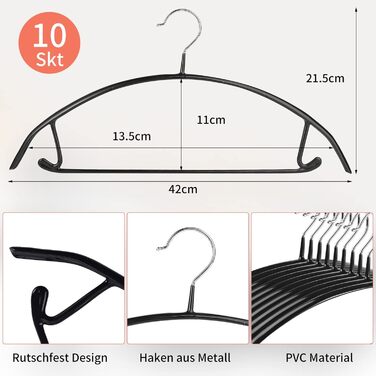 Вішаки, металеві вішалки 42 см, нековзні вішалки з гумовим покриттям без виступів на плечах, вішалки з нержавіючої сталі, високоякісна вішалка для костюма зі штанною штангою для светра сорочка куртка (чорна), 10 шт.