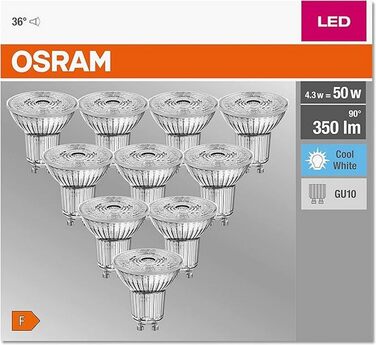 Світлодіодна рефлекторна лампа Osram Base PAR16 з цоколем GU10, 4,3 Вт, теплий білий, 10 шт. (1 упаковка) (50 Вт, 10 упаковок, 4000k холодний білий)