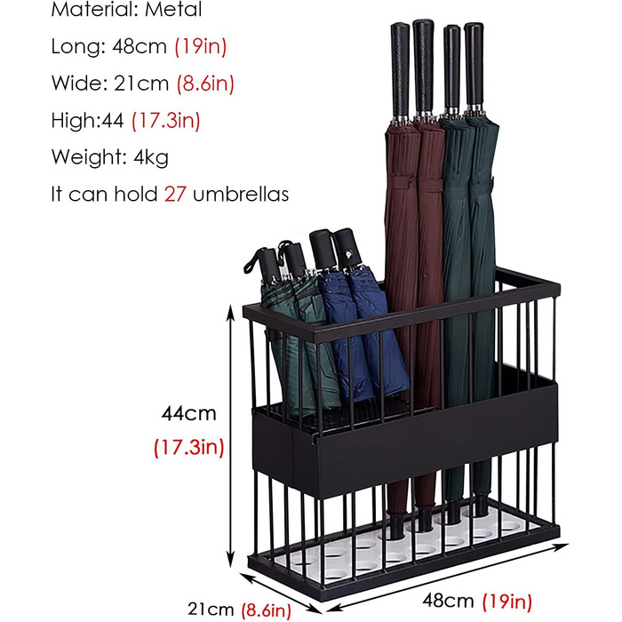 Підставка для парасольки, металевий тримач підставки для парасольки, рама кошика для парасольки в приміщенні для зберігання палиць, сучасна прямокутна полиця-органайзер / чорний 48 * 21 * 44 см
