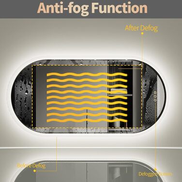 Овальне дзеркало для ванної кімнати з підсвічуванням 120x60 см Велике світлодіодне дзеркало для ванної кімнати овальне з підсвічуванням, 3 сенсорні перемикачі, без запотівання, з регулюванням яскравості 3 кольори світла для дзеркала для гардеробної у ванн