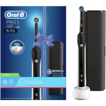 Електрична зубна щітка Oral-B PRO 1 750 Black Edition для ретельного чищення зубів, 1 програма чищення, датчик тиску, таймер і дорожній кейс, 1 щітка CrossAction, чорна