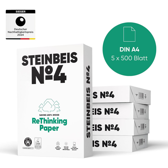 Папір для принтера Steinbeis No. 4 перероблений папір формату DIN A4 80 г/м, білий і без хлору, 2500 (5 x 500) аркушів високоякісного копіювального паперу ISO 100 / CIE 135