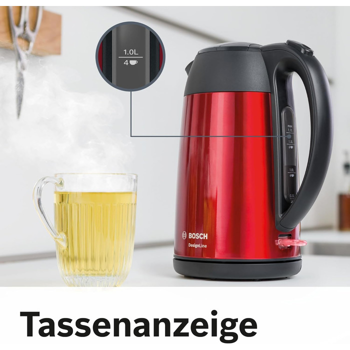 Акумуляторний чайник Bosch DesignLine TWK3P424 DesignLine, наливання без бризок, індикатор чашки, індикатор рівня води, захист від перегріву, 1.7 л, 2400 Вт, червоний