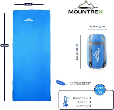 Спальний мішок MOUNTREX - невеликий розмір упаковки та надлегкий (730 г) літній спальний мішок з ковдрою - літній спальний мішок на відкритому повітрі - кемпінг, подорожі, фестиваль - можна зав'язати Синій - правий