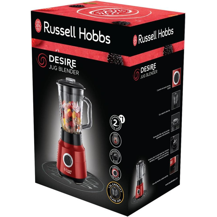 Міксер Russell Hobbs скляний контейнер 1,5 л Desire Red (потужний двигун 0,9 к.с., функція імпульсу/подрібнення льоду, ніж з нержавіючої сталі, блендер без бісфенолу А, електричний подрібнювач, смузі-машина) 24720-56