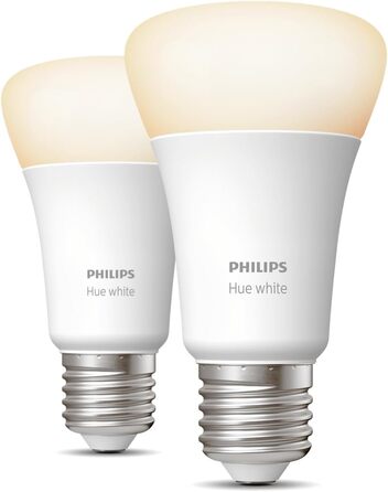 Світлодіодна лампа Philips Hue White E27 (806 лм), світлодіодна лампа з регулюванням яскравості для системи освітлення Hue з теплим білим світлом, інтелектуальне керування освітленням за допомогою голосу та програми (800 люменів, 2 упаковки)