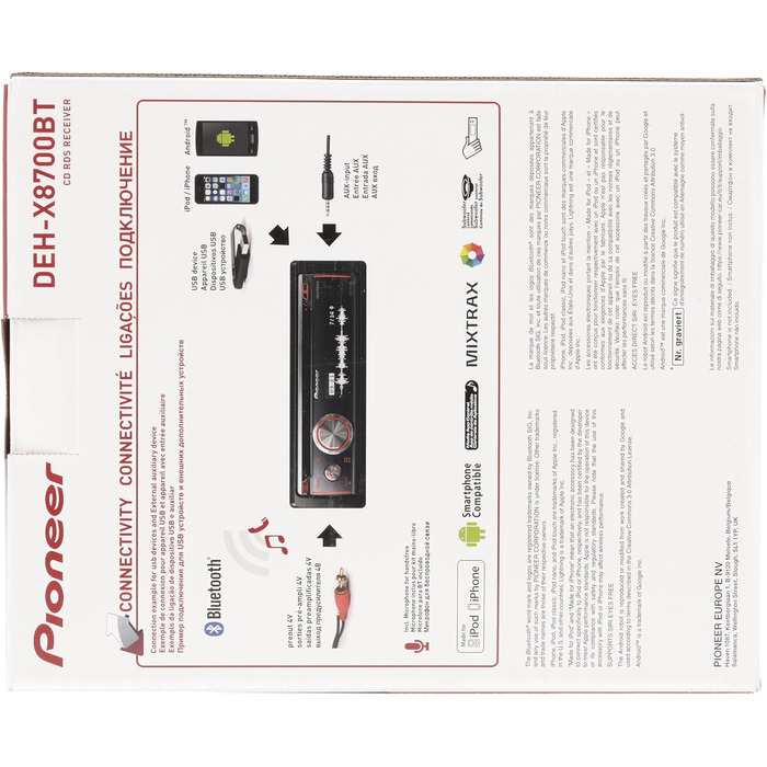 Автомобільна стереосистема Pioneer DEH-X8700BT 1DIN, вхід Bluetooth, MP3, USB та AUX, RGB-підсвічування, гучний зв'язок Bluetooth, додаток Smart Sync, 5-смуговий еквалайзер