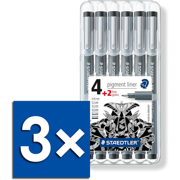 Набір пігментних підводок Staedtler Fineliner з 6 шт. , з коробкою (3 шт. Standard Set Black)